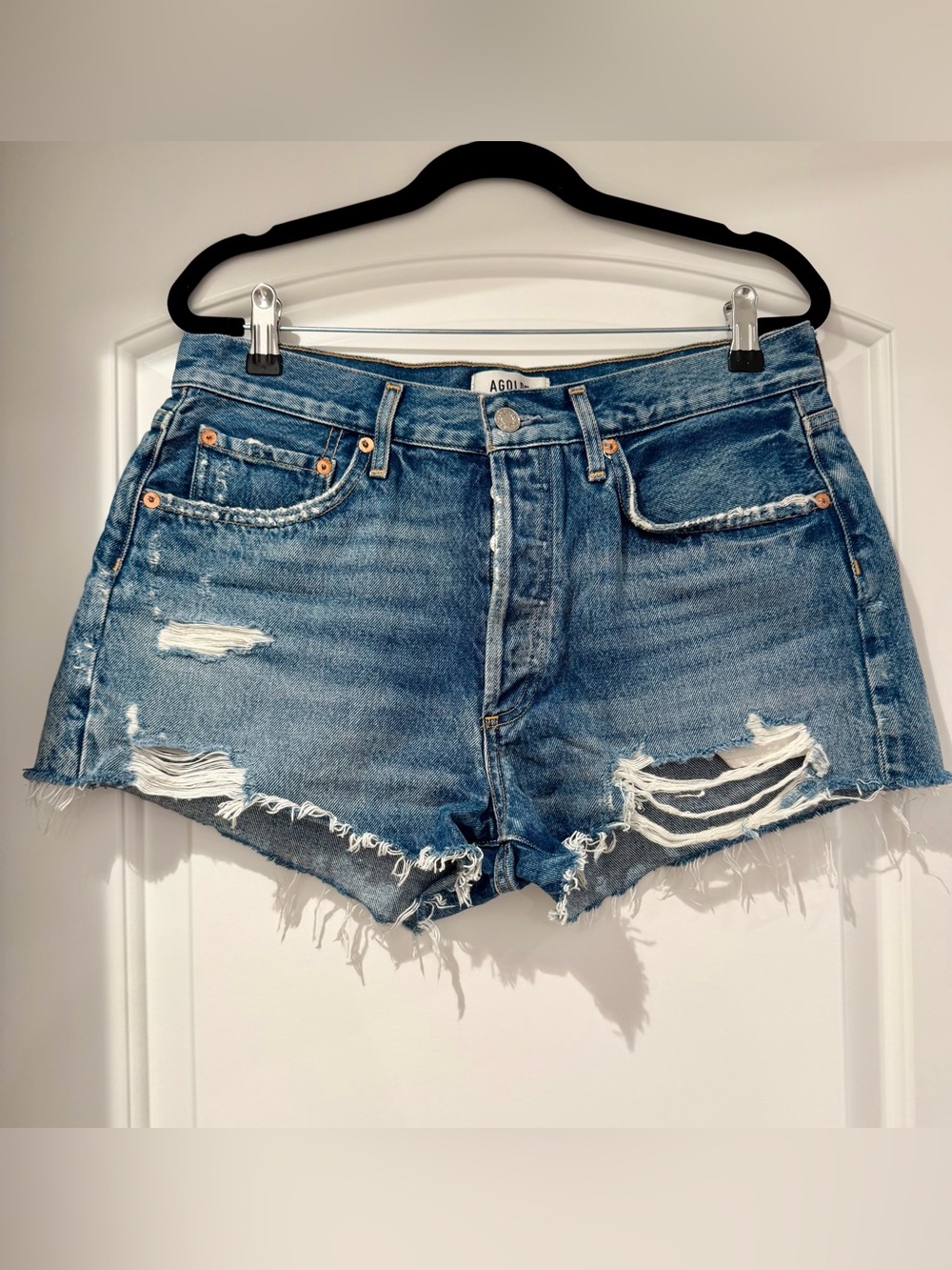Agolde Parker Distressed Mid-Blue Cutoff Denim Shorts sz 29 great condition